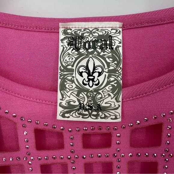 Vocal Top Womens Pink Long Sleeve Cut Out Neckline with Rhinestones Soft Stretch - Picture 9 of 10